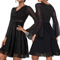 Sexy V-neck Trumpet Sleeve High Waist Lace Spliced Chiffon Dress