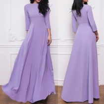 Elegant Solid Color 3/4 Sleeve Round Neck High Waist Party Dress