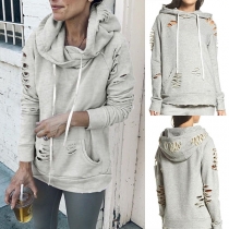 Fashion Solid Color Long Sleeve Ripped Hoodie