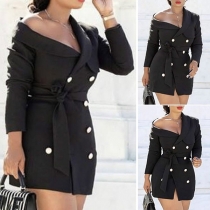 Sexy V-neck Long Sleeve Double-breasted Dress with Waist Strap 