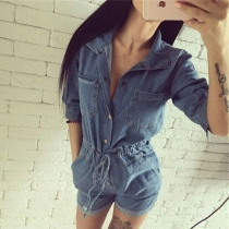 Fashion Half Sleeve POLO Collar Drawstring Waist Denim Romper