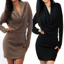 Fashion Solid Color Long Sleeve Cowl Neck Slim Fit Dress