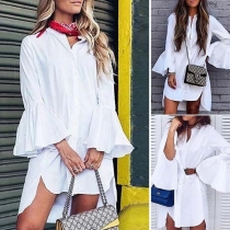 Fashion Trumpet Sleeve Stand Collar High-low Hem Shirt Dress