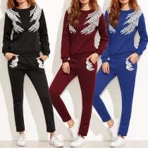 Fashion Wings Printed Long Sleeve Round Neck Sweatshirt + Pants Two-piece Set 