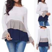 Fashion Contrast Color Long Sleeve Round Neck Chiffon Top 