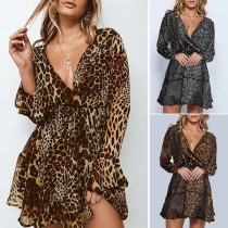 Sexy Deep V-neck Long Sleeve Leopard Print Chiffon Dress