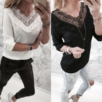 Sexy Lace Spliced V-neck Long Sleeve Solid Color Ruffle Top