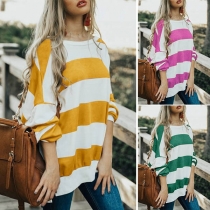 Fashion Long Sleeve Round Neck Loose Striped Sweatshirt 