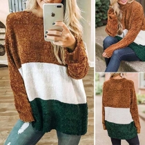 Fashion Contrast Color Long Sleeve Round Neck Loose Top