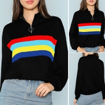 Fashion Colorful Striped Spliced Long Sleeve Stand Collar Sweatshirt 