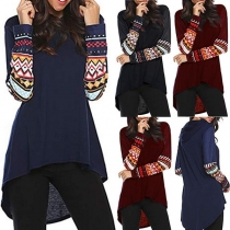 Fashion Printed Spliced Long Sleeve High-low Hem Hooded Sweatshirt