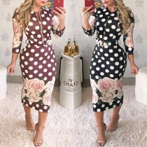 Fashion Dots Printed 3/4 Sleeve High Waist Slim Fit Dress