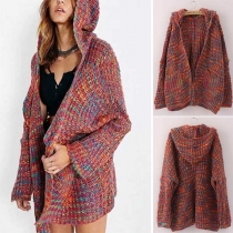 Fashion Mixed Color Long Sleeve Hooded Knit Cardigan