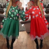 Fashion Printed Long Sleeve Round Neck Gauze Spliced Dress