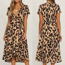 Sexy V-neck Slit Hem Short Sleeve High Waist Leopard Print Dress