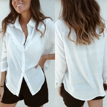 Fashion Solid Color Long Sleeve POLO Collar Ruffle Shirt 
