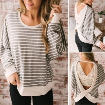 Sexy Crossover Backless Long Sleeve Round Neck Striped T-shirt 