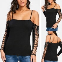 Sexy Off-shoulder Hollow Out Lace Spliced Long Sleeve Sling T-shirt 