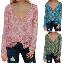 Sexy V-neck Long Sleeve Printed Blouse