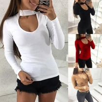 Sexy Hollow Out Long Sleeve Solid Color Slim Fit T-shirt