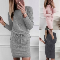 Fashion Solid Color Long Sleeve Round Neck Slim Fit Dress
