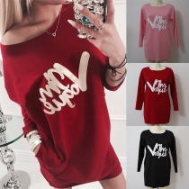 Fashion Letters Printed Long Sleeve Round Neck T-shirt Dress