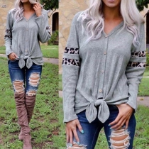 Fashion Leopard Spliced Long Sleeve V-neck Front-button T-shirt