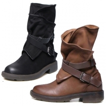 Retro Style Flat Heel Round Neck Buckle Strap Boots Booties