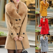 Fashion Solid Color V-neck Double-breasted Faux Fur Spliced Woolen Coat
