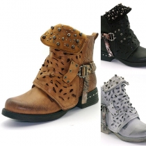 Retro Solid Color Round Toe Rivets Buckle Hollow Out Short Matin Boots