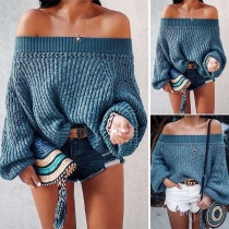 Sexy Off-shoulder Boat Neck Lantern Sleeve Solid Color Sweater