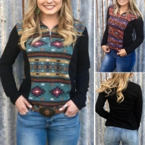 Fashion Printed Spliced Long Sleeve Stand Collar Sweatshirt 