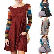 Fashion Striped Spliced Long Sleeve Round Neck Loose Dress