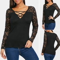 Sexy Lace Spliced Long Sleeve V-neck Solid Color T-shirt 