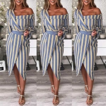 Sexy Off-shoulder Long Sleeve Irregular Hem Striped Dress