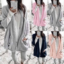 Fashion Solid Color 3/4 Sleeve Hooded Plush Cardigan