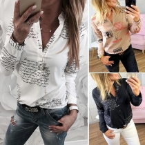 Fashion Long Sleeve V-neck Letters Printed Blouse
