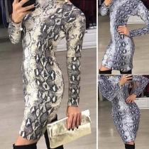 Fashion Long Sleeve Round Neck Slim Fit Serpentine Printed Dress