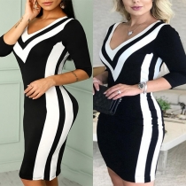 Fashion Contrast Color V-neck 3/4 Sleeve Slim Fit Knit Dress