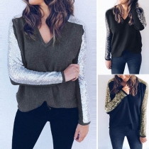 Sexy V-neck Sequin Spliced Long Sleeve T-shirt 