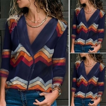 Fashion Long Sleeve V-neck Wavy Striped Top 
