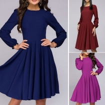 Elegant Solid Color Long Sleeve Round Neck High Waist Dress