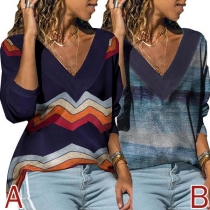 Fashion Long Sleeve V-neck Printed T-shirt 