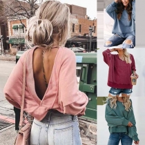Sexy Crossover Backless Long Sleeve Solid Color Sweatshirt