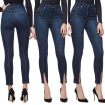 Fashion High Waist Slit Hem Slim Fit Jeans