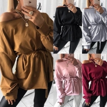 Sexy Off-shoulder Boat Neck Long Sleeve Solid Color T-shirt 