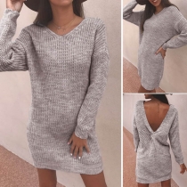 Sexy Backless V-neck Long Sleeve Solid Color Sweater Dress