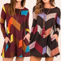 Fashion Long Sleeve Round Neck Wavy Striped Dress