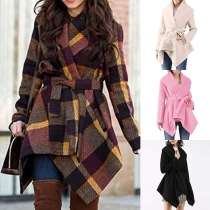 Fashion Long Sleeve Irregular Hem Woolen Coat with Waist Strap