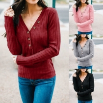 Fashion Solid Color Long Sleeve V-neck Knit Top 